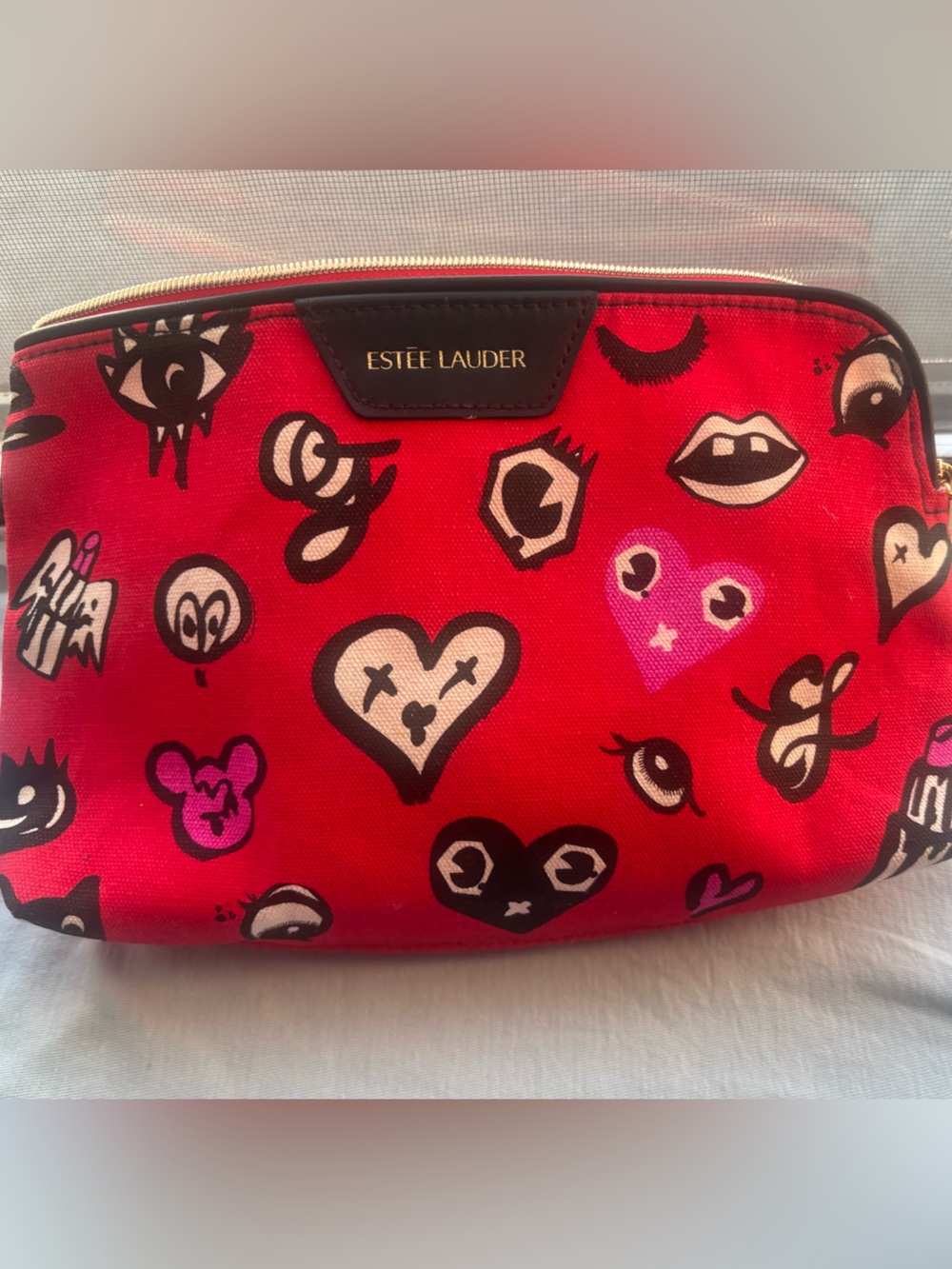Estee Lauder Red Graphic Heart & Icon Cosmetic Pouch